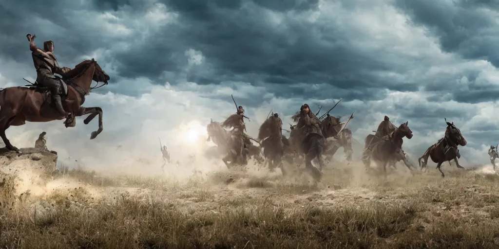 Prompt: promotional movie still rendered in 8 k hq 3 d octane ue 5, of an action shot from little bighorn, majestic action, focusing on the offset center of the scene, intense dramatic hdr, natural light, cinematic lighting, extremely high detail, photorealistic