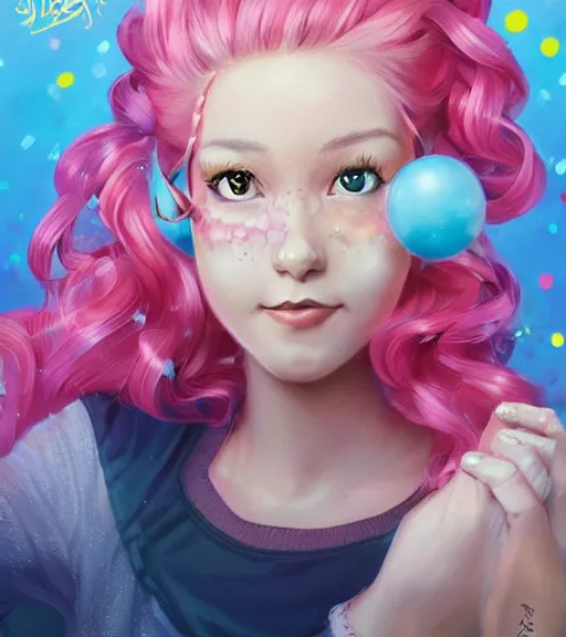 Image similar to humanized pinkie pie throws a party, a plus sized white girl with curly pink hair and freckles, art by stanley lau, artgerm, rossdraws, ross tran, sakimichan, cyarine, beautiful art