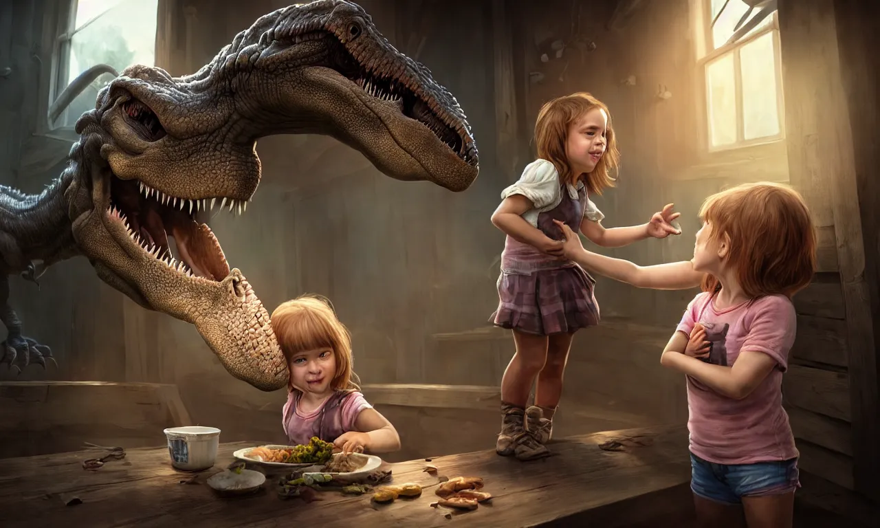 Image similar to portrait of a little girl sticking her hand through the bars and feeding a tyrannosaurus, very high details, raytracing, back light, raymarching, by ilm, by digital domain, by weta digital