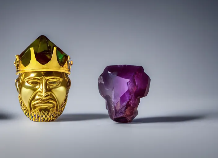 Image similar to a macro photo still of a king head shaped gemstone in the shape of a king head shaped like a kings head, 8 k studio lighting, key light, back lighting