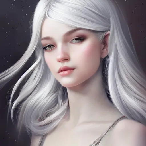 Image similar to teen elf girl, silver hair, gorgeous, amazing, elegant, intricate, highly detailed, digital painting, artstation, concept art, sharp focus, illustration, art by Ross tran, by artgerm