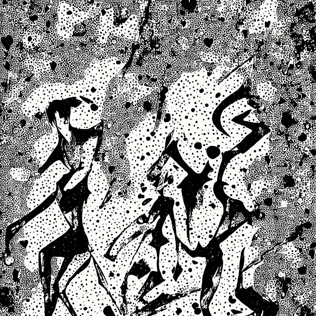 Image similar to woman, abstract, jet set radio artwork, ryuta ueda artwork, hylics artwork, ink, asymmetry, stipple, lines, stippling, crosshatching, linework, dark, ominous, eerie, hearts, minimal, points, technical, natsumi mukai artwrok, tight