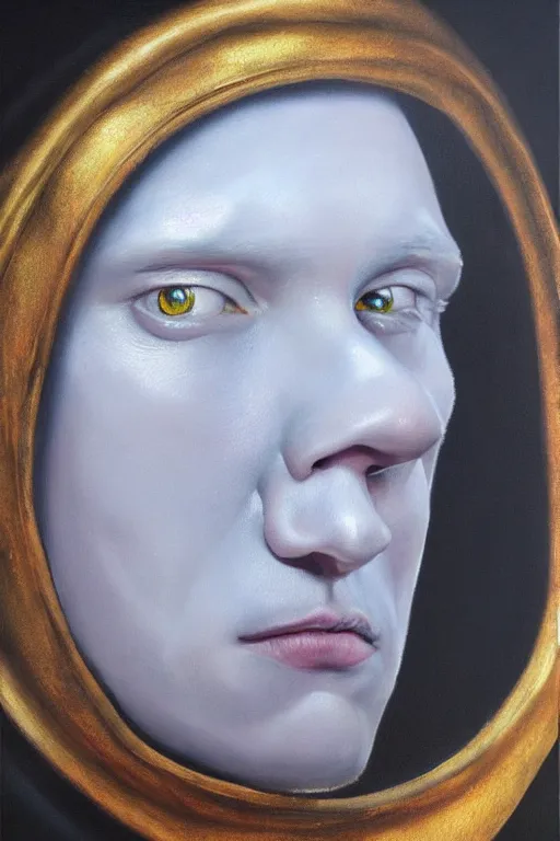 Image similar to hyperrealism oil painting, close - up portrait of albino medieval fashion model, knight, steel gradient mixed with nebula sky, in style of baroque