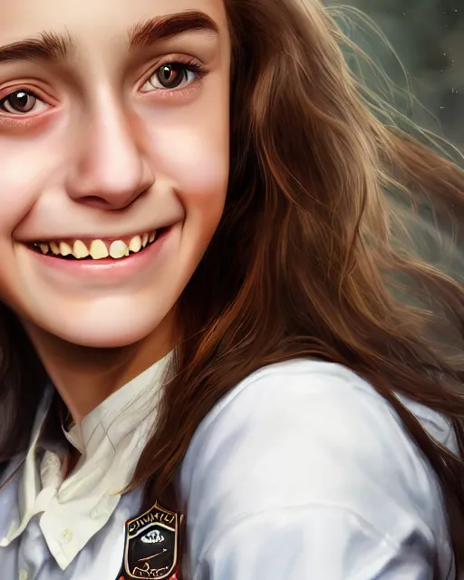 Image similar to close up portrait of 1 5 - year - old girl, smile with large front teeth, hermione granger, very bushy brown hair, and very bright brown eyes, wearing white shirt, hyper realistic face, beautiful eyes, character art, art by mark brooks, hyperdetailed, cryengine, trending on artstation, digital art