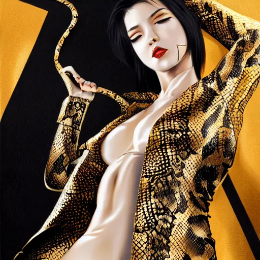 Image similar to yakuza slim girl, gold suit jacket in snake print, jacket over bare torso, yakuza tattoo on body, black short curtain haircut, black leather pants with black belt, elegant, 2d, ultra highly detailed, digital painting, smooth, sharp focus, artstation, art by artgerm, rossdraws