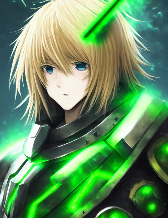 Prompt: an anime portrait of a blonde man with glowing green eyes in green plate armour glowing with green energy, trending on artstation, digital art, 4 k resolution, detailed, high quality, sharp focus, hq artwork, coherent, insane detail