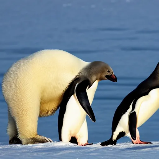 Prompt: a penguin fighting a polar bear