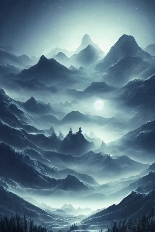 Image similar to digital matte fantasy dreamy mountain scape dark tones snow milky way futuristic moonlight, artstation, behance, 8 k by alex grey