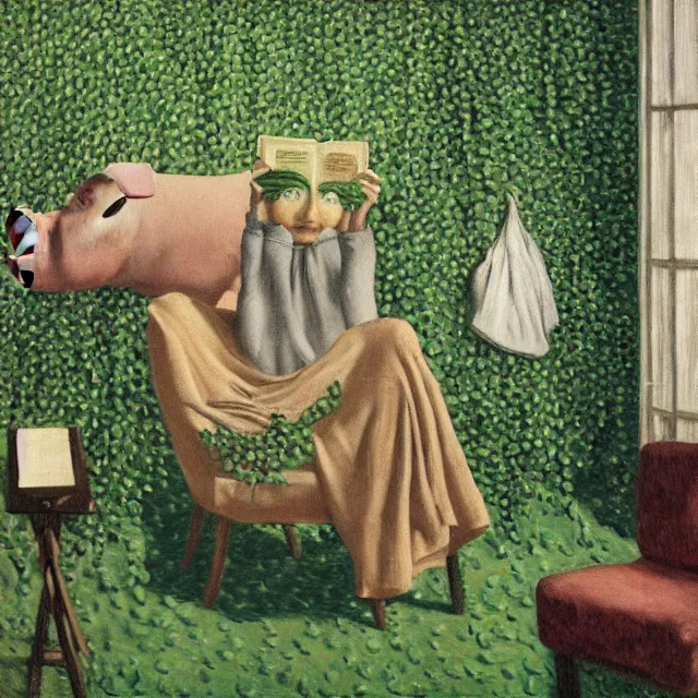 Image similar to a pathology student in her apartment, wrapped in vines, large stones, pig, black walls, black armchair, puddles, moss, acrylic on canvas, surrealist, by magritte and monet