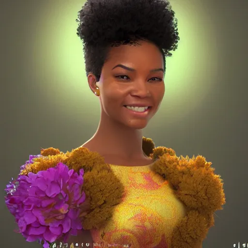 Prompt: portrait of a smiling beautiful black woman who looks like nia long and regina hall with big fluffy afro surrounded by flower petals by argerm and by alphonse mucha, face by wlop, trending on artstation, octane render