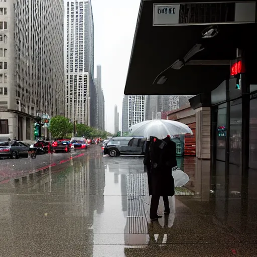 Image similar to rainy day on the miracle mile in chicago, view of the sidewalk ( on the right ) with the street and buildings on the left, all is grey and rainy, and the street is shiny. a well - dressed couple with an umbrella are hurrying towards the viewer.