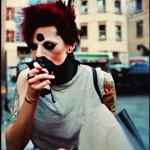 Image similar to androgynous punk smoking cigarette outside bar, photo kodachrome