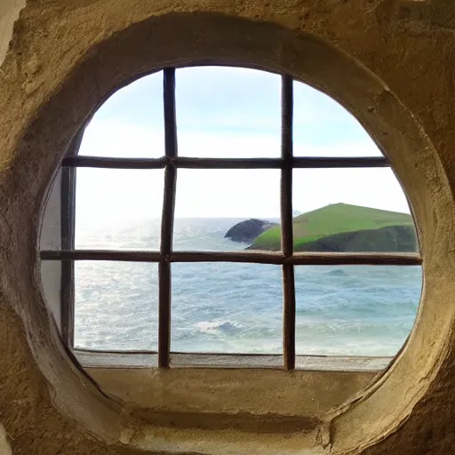 Prompt: a mullioned window through which you can see the sea where shark fins are visible