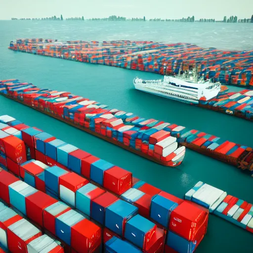 Prompt: cinematic, panorama, modern busy shipping port, containers, art direction by darius zawadzki, sharp focus, highly detailed, wideshot ultrawide angle epic scale, dynamic dramatic lighting, crisp, cinematic atmosphere, artstation, hyperrealistic 3 d digital art, octane render, uhd image