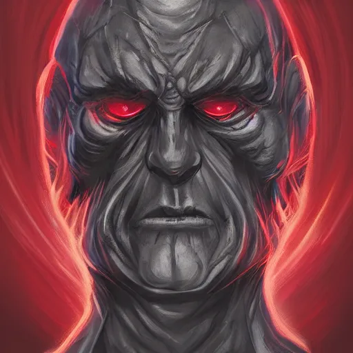 Image similar to dark lord looking into the camera, red glowing eyes, wearing black robe, white background, artstation