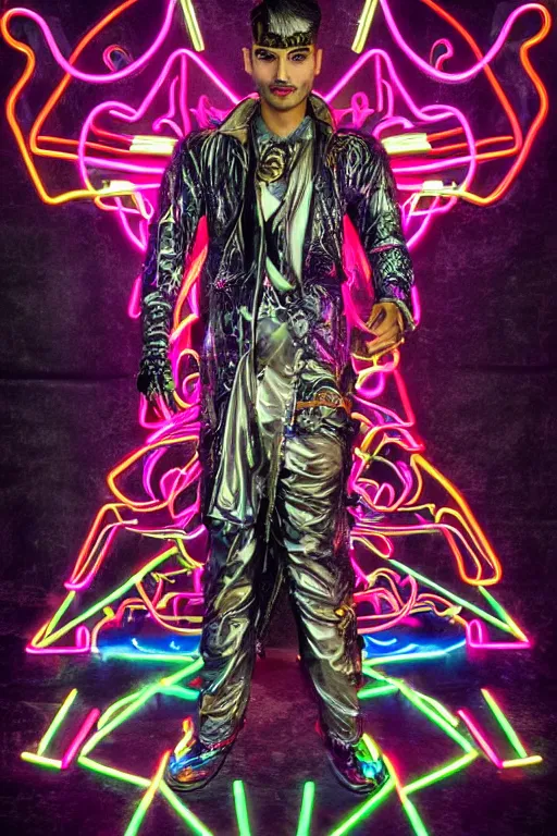 Prompt: full-body bladerunner neon baroque style sculpture of a handsome colombiano Maluma as a half cibernetic android with a chest opening exposing circuitry and electric sparks, glowing laser beam eyes, crown of giant diamonds, flowing neon-colored silk, fabric, raptors. intricate artwork by caravaggio. Trending on artstation, industrial lighting , photorealistic, octane render, 8k, depth of field, 3D