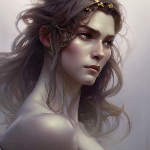 Image similar to portrait of forest gog, female, clear face, masculine, upper body, muscular, fantasy, intricate, elegant, highly detailed, digital painting, artstation, concept art, matte, sharp focus, illustration, art by artgerm and greg rutkowski and alphonse mucha