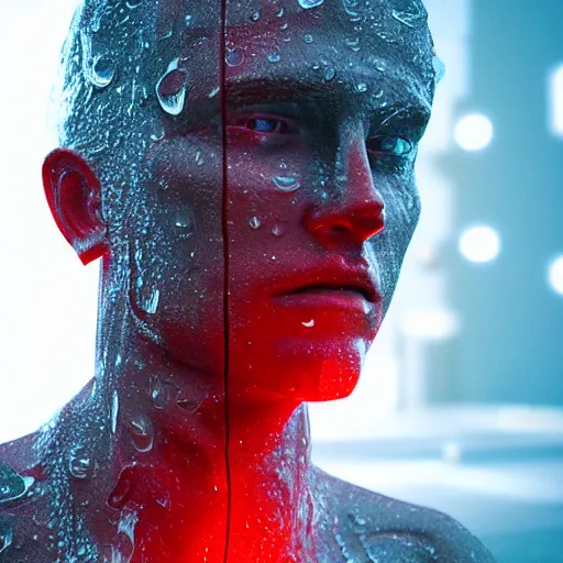 Image similar to a human made out of rain, neon, rendered in octane, unreal engine, highly detailed, realistic, beautiful, emotional