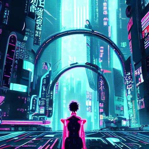 Prompt: Circle portal structure leading to a vast neon cyberpunk Tokyo in style of Tsutomu Nihei. Cyberpunk, vertical symmetry, 8K, Highly Detailed, Intricate.