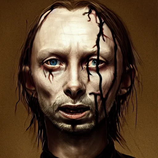 Image similar to young thom yorke as a zombie looking unsure, 7 days to die zombie, fine art, award winning, intricate, elegant, sharp focus, cinematic lighting, rimlight, digital painting, 8 k concept art, art by z. w. gu, art by brom, art by michael hussar, 8 k