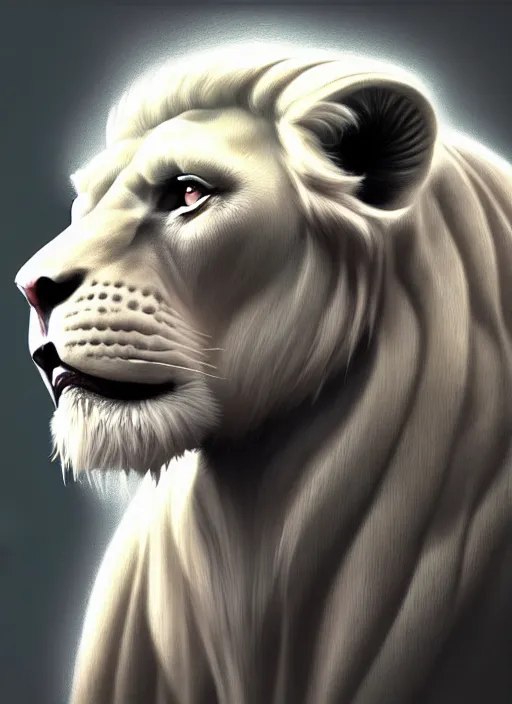 Prompt: an anthromorphic male white lion, diffuse lighting, fantasy, highly detailed, photorealistic, digital painting, artstation, illustration, concept art, smooth, sharp focus, in the style of tom bagshaw