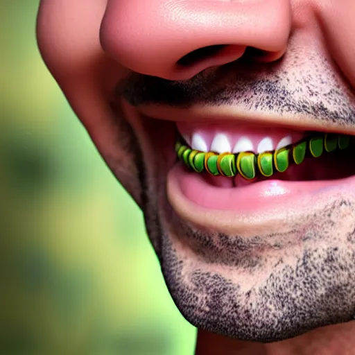 Image similar to photograph of smiling man with bees inside his mouth, 8k resolution, high detail, ULTRA REALISTIC VFX, reflections