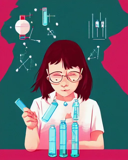 Image similar to a little girl in science lab experiment test tube microscope map. clean cel shaded vector art. minimalist illustration art by lois van baarle, artgerm, helen huang by makoto shinkai and ilya kuvshinov, rossdraws