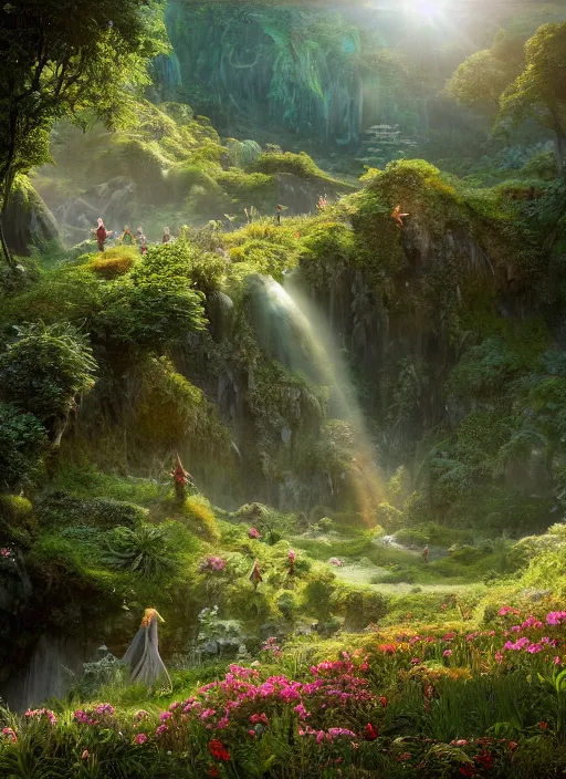 Image similar to a flying faerie in the distance of a lord of the rings scenery landscape, a vast lush valley flowers and wooden structures, stream, sunrise, god's rays highly detailed, vivid color, cinematic lighting, perfect composition, 8 k, gustave dore, derek zabrocki, greg rutkowski, belsinski, octane render