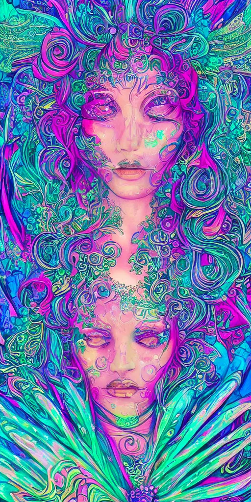 Image similar to 8k detailed psychedelic abstract illustration of a goddess projecting her dreams, detailed, intricate, elegant, highly detailed, digital painting, artstation, smooth, sharp focus