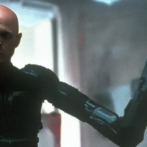 Prompt: bald Michael Biehn in Alien 3, carrying a pulse rifle in his hands, 1991 directed by David Fincher 4K