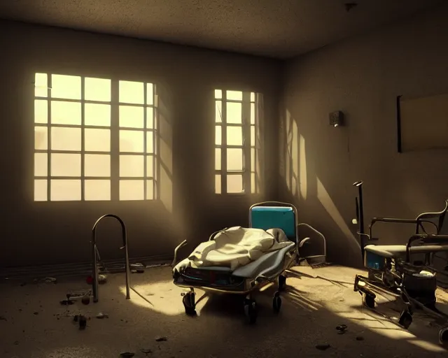 Image similar to artstation scifi scene an old ward, one ceiling fan, wheelchair, crutches, bed, dust, paneled walls, window, summer unreal engine 5, hyper realism, realistic shading, cinematic composition, blender render, octane render, hdr, detailed textures, photorealistic, wide shot