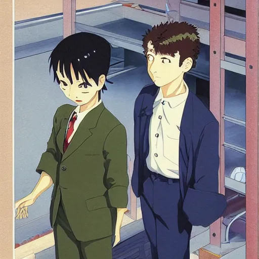 Prompt: anime joseph goebbels and mark zuckerberg by hasui kawase by richard schmid, crime drama, studio ghibli