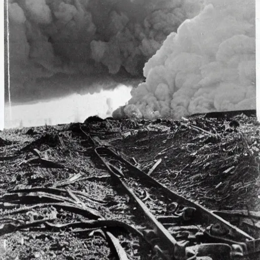 Image similar to a photo taken from inside of a trench showing a nuclear explosion in the distance, you can see the explosion's shockwave in the clouds, realistic, taken on a ww 2 camera.