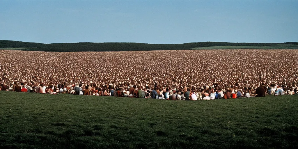 Image similar to the main cast of seinfeld in the distance in a wide open field, photograph by andrei tarkovsky