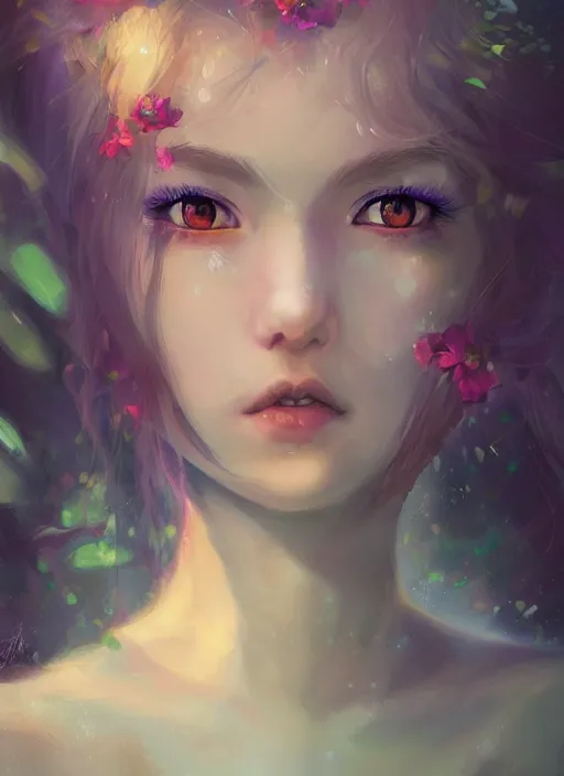 Image similar to a gorgeous flower princess portrait by WLOP, emerald yellow eyes, blue hair, digital painting, beautiful lighting, mystical , cgsociety, artstation