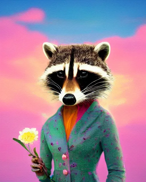 Image similar to closeup portrait beautiful female anthropomorphic raccoon wearing a dress on salt flats holding a flower, surreal photography, sunrise, dramatic light, impressionist painting, colorful clouds, digital painting, artstation, simon stalenhag