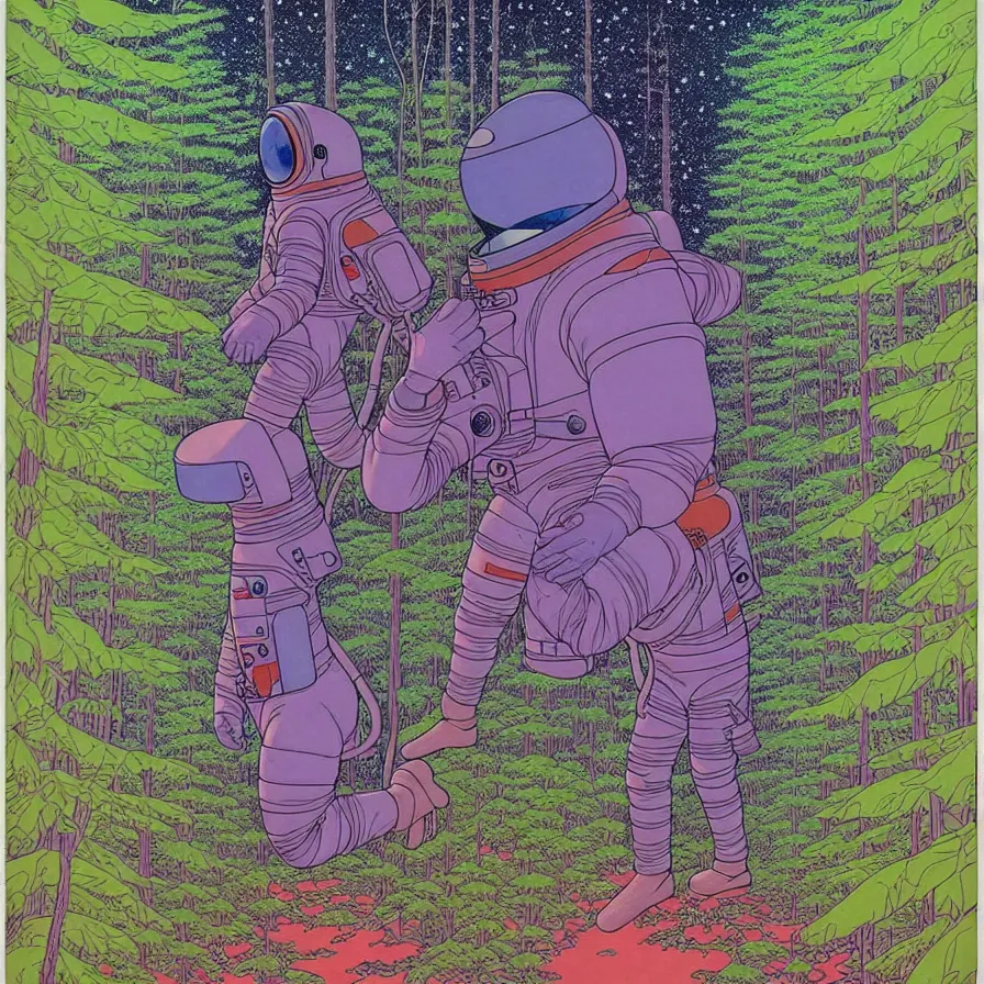 Image similar to ( ( ( ( an astronaut walking through a mysterious forest, with decorative frame design ) ) ) ) by mœbius!!!!!!!!!!!!!!!!!!!!!!!!!!!, overdetailed art, colorful, artistic record jacket design