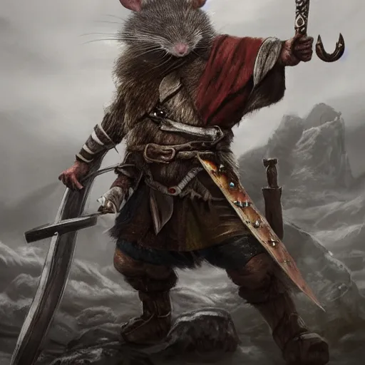 Prompt: a rat dressed as a viking warrior, flag of norway in the background, fantasy art, lifelike, rat man, digital art, trending on artstation, epic