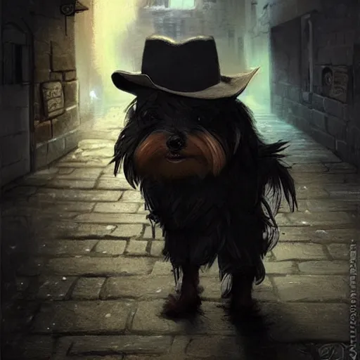 Prompt: detective yorkshire terrier wearing a fedora, in a dark alley, Greg Rutkowski, art station