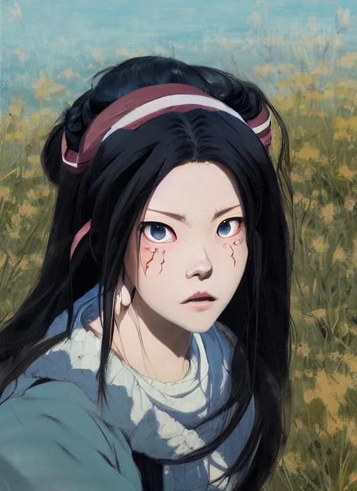 Image similar to portrait of Nezuko from Demon Slayer Anime, countryside, calm, fantasy character portrait, dynamic pose, above view, sunny day, thunder clouds in the sky, artwork by Jeremy Lipkin and Giuseppe Dangelico Pino and Michael Garmash and Rob Rey, very coherent asymmetrical artwork, sharp edges, perfect face, simple form, 100mm