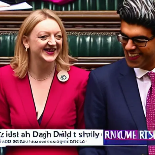 Prompt: Liz truss and Rishi sunak and the devil laughing together in parliament. Daily Telegraph.