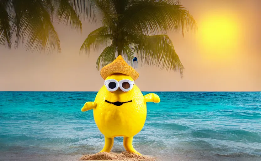 Image similar to 5 0 mm photograph, of a real anthropomorphic lemon character, with lemon skin texture, it is wearing a hat and scuba diving, building a sandcastle on the beach at sunset, beach, huge waves, sun, clouds, tropical trees, rim light, cinematic photography, professional, sand, sandcastle, volumetric lightening