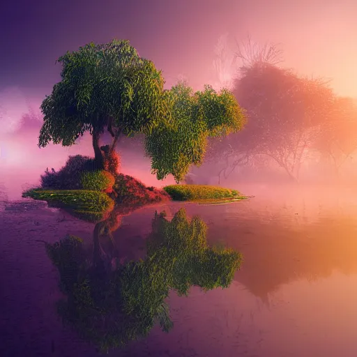 Image similar to soft painting rooster reflection refraction world synthwave ruins ponds alien vegetation, accurate features, focus, very intricate ultrafine details, black autumn, dense fog, award winning masterpiece, octane render 8 k hd, fantasy