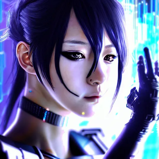 Image similar to An epic comic hyperrealistic anime painting of a cyber warrrior girl wearing futuristic wardrobe, black and silver, ultradetailed face expression trending on artstation and artbreeder, cyberpunk 2077 color, heavy rainning at tokyo street night, neon ligh, DAZ, 8k, unreal 5 engine render, cosplay, RPG portrait, final fantasy Vll world concept, dramatic lighting, rim lights, PS5 render quality