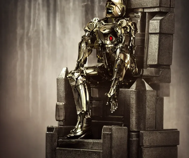 Prompt: translucent cyborg sitting on a metal throne in a futuristic castle, fantasy sci - fi, sharp lines, metallic, 2 0 0 mm focus, bokeh