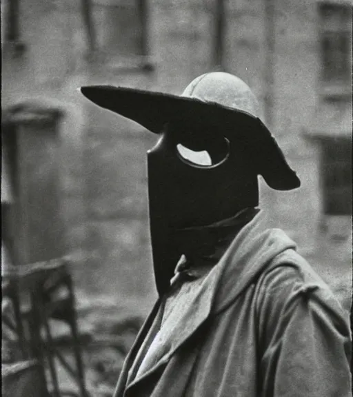 Image similar to a man at wearing plague doctor mask in distance, ww1 film photo, grainy, high detail, high resolution