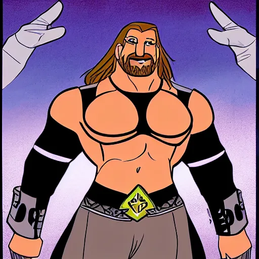 Image similar to Full body picture of Triple H as a Disney character in his in-ring gear, Disney, cartoon, Disney style, 2d, drawn image, beautifully drawn, Disney 2d animation still