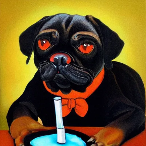 Image similar to portrait of a drunk and high black pugalier smoking a joint, painting, surrealism, extreme detail