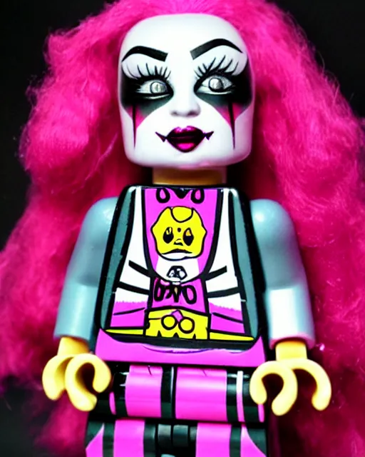 Image similar to a minifigure of a goth girl wearing pink, icp juggalo clown make up