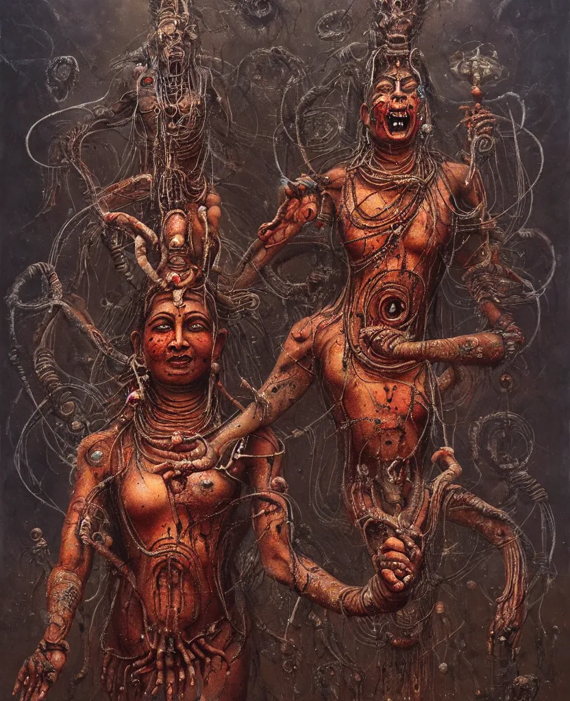 Image similar to One many-armed Shiva dancing. Drops of blood. Dark colors, high detail, hyperrealism, horror art, masterpiece, close-up, zoom, concept art, octane render, biopunk, body-horror, ceremonial portrait, art by Greg Broadmore, Esao Andrews, Beksinski, Giger